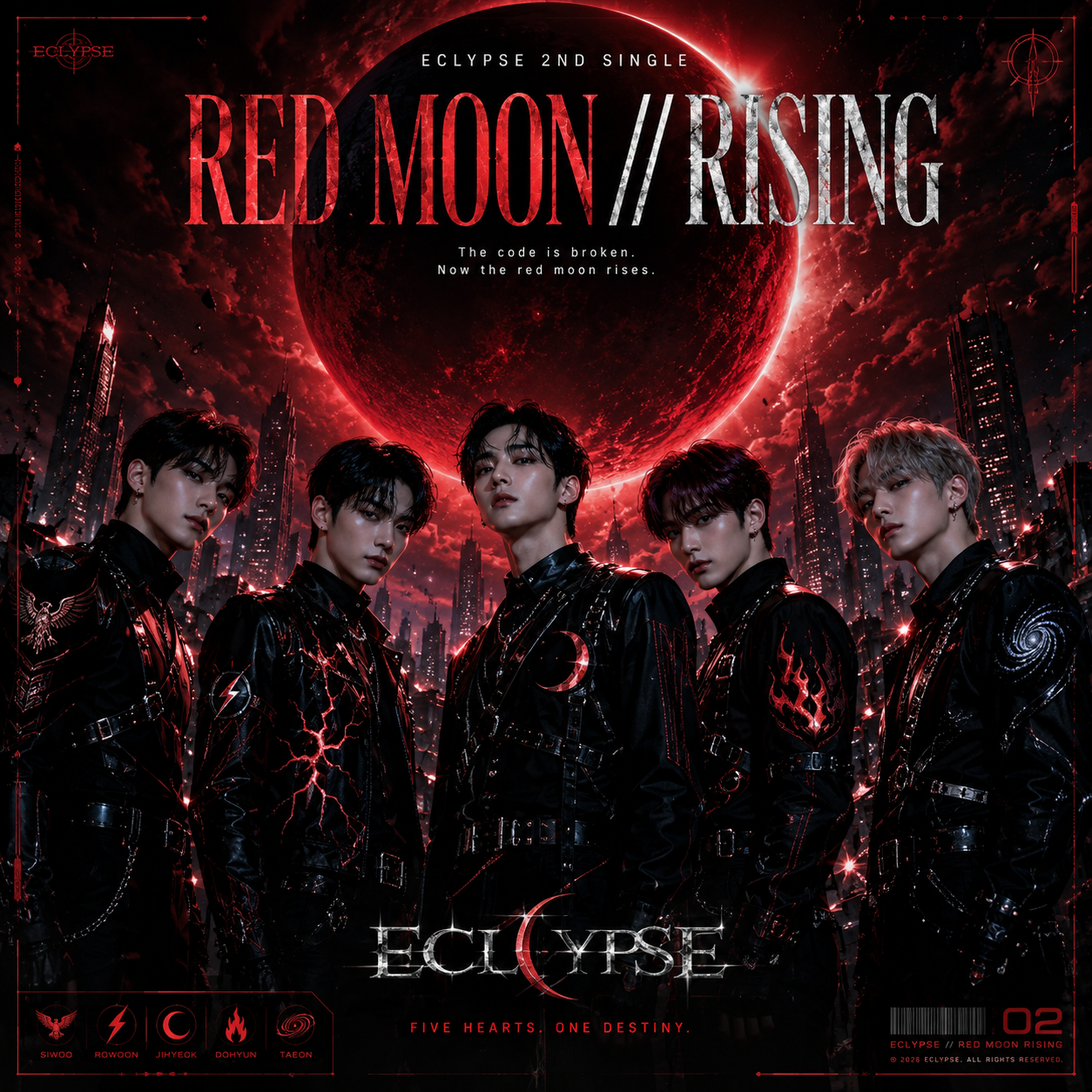 ECLYPSE「RED MOON // RISING」正式ジャケット。赤い月と近未来都市を背景に、黒い衣装の5人が立つビジュアル。