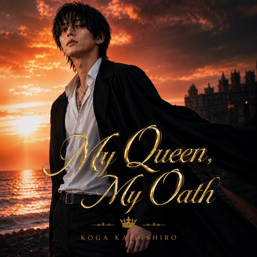 神代煌牙「My Queen, My Oath|君が、俺のすべて。」正式ジャケット。夕暮れの海と城を背景に、黒いロングコート姿の神代煌牙を描いたビジュアル。